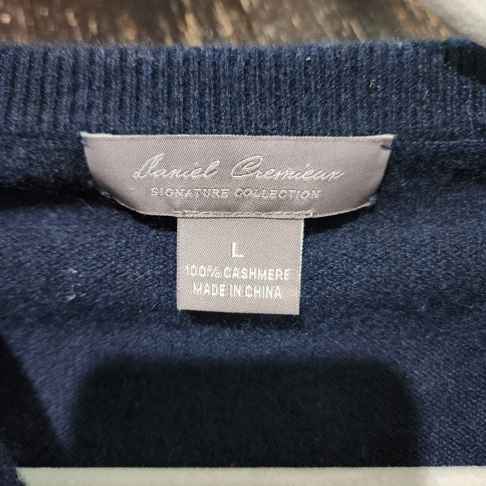 Daniel Cremieux 100% Cashmere Argyle V-Neck Sweater Men's Large Navy Blue Preppy